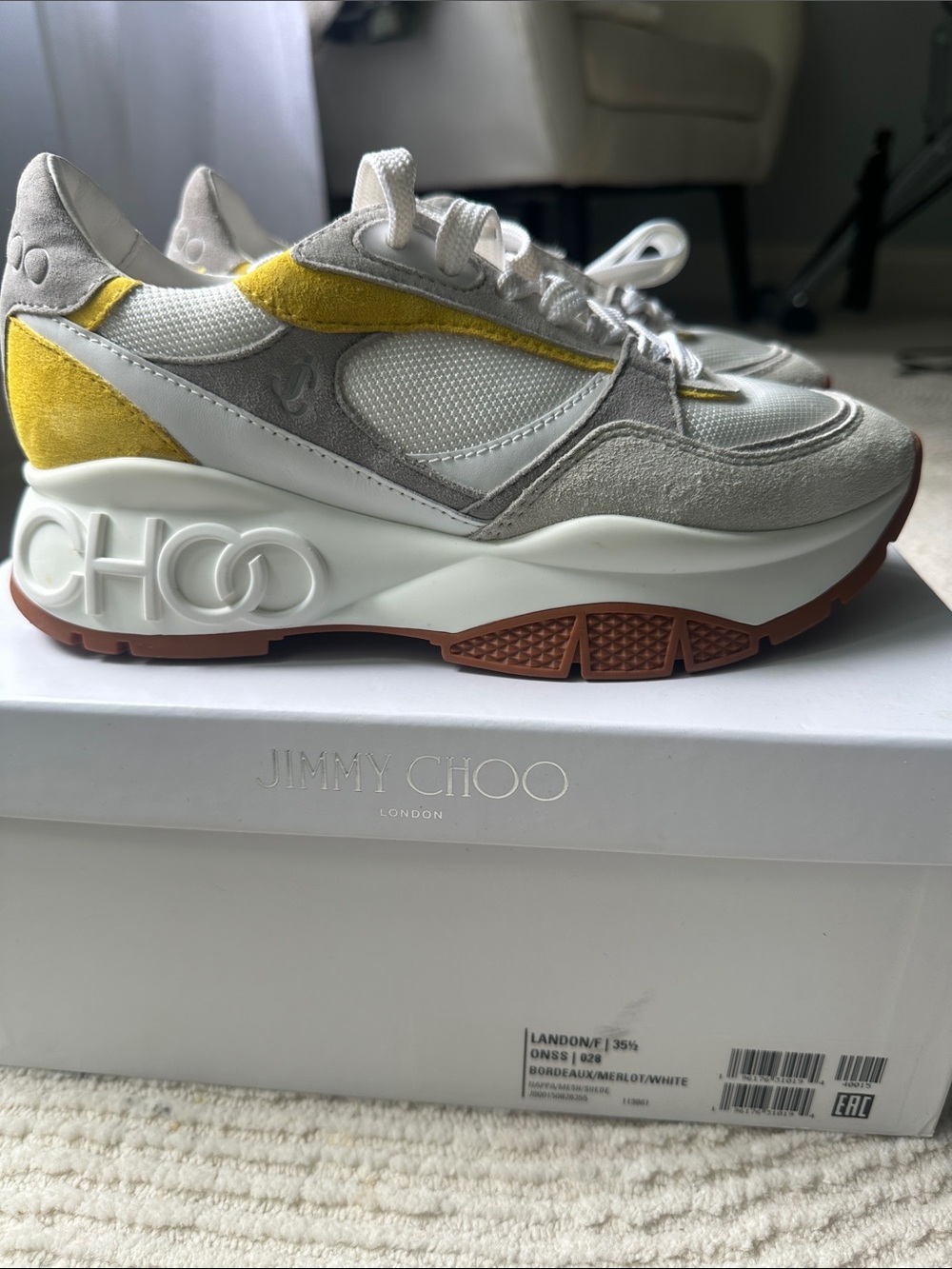 Jimmy Choo Gray, White & Yellow Suede Mesh Platform Sneakers